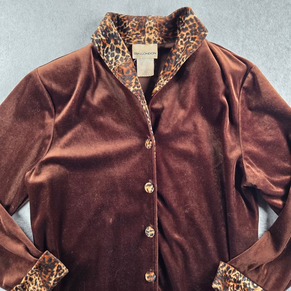 erin london Jackets & Blazers - Erin London Velvet Jacket Women Large Brown Leopard Print Trim Button Up